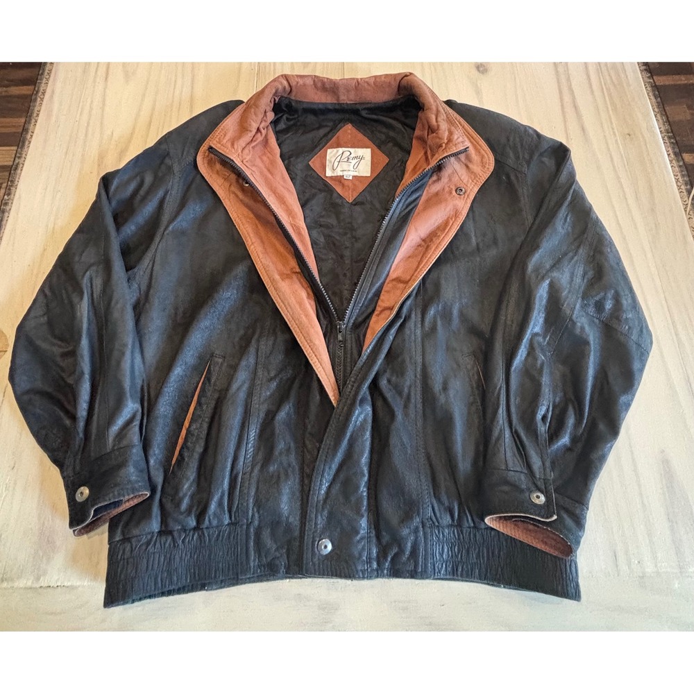 Remy Leather Bomber Jacket Mens 42 Black Brown Double Collar 80s VTG made USA
